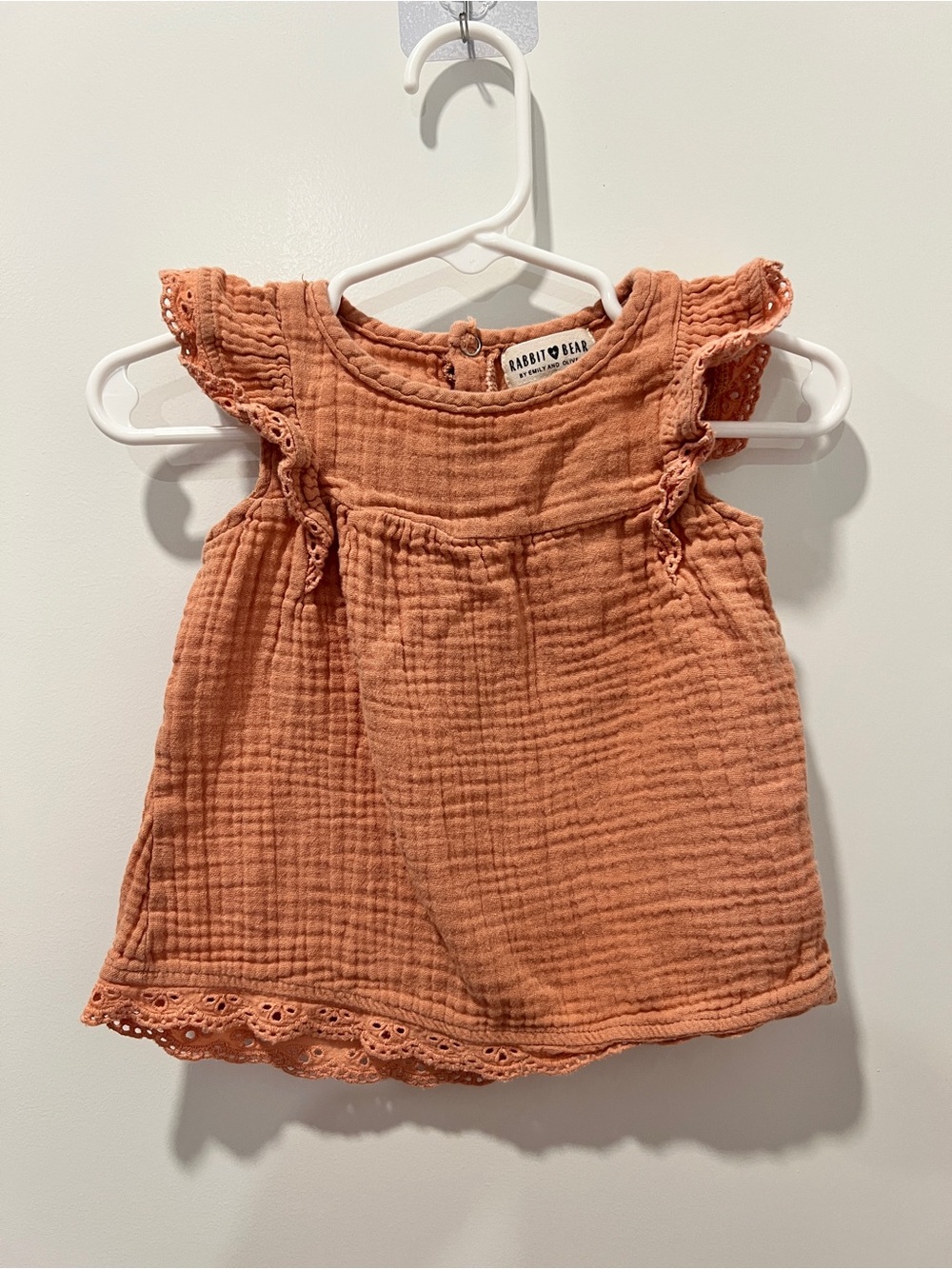Rabbit Bear by Emily & Oliver 6–9M Rust Muslin Dress | Boho Baby Girl